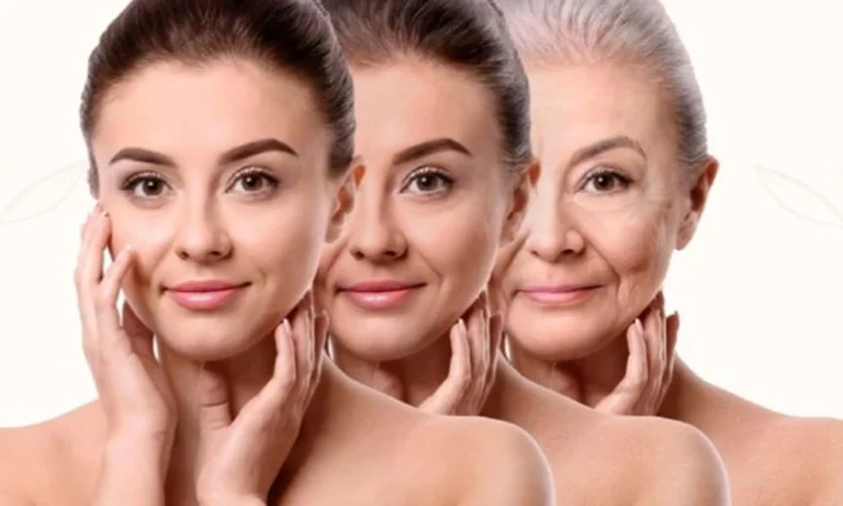 A conceptual image showing a woman’s face transitioning from youthful skin to aged skin, symbolizing the effects of aging and anti-aging treatments.