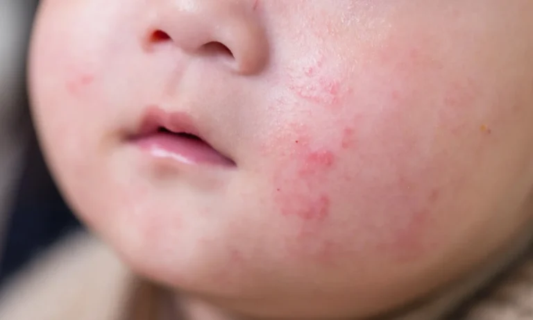 A young child’s face showing red rashes and irritation on the cheek, common symptoms requiring pediatric dermatology care.