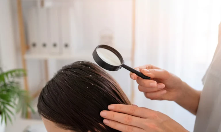 A dermatologist using a magnifying glass to examine a patient’s scalp with visible dandruff flakes.