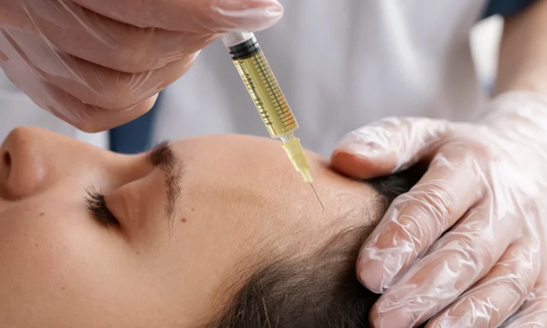 Close-up of a doctor injecting PRP solution into a patient’s scalp for hair regrowth treatment.