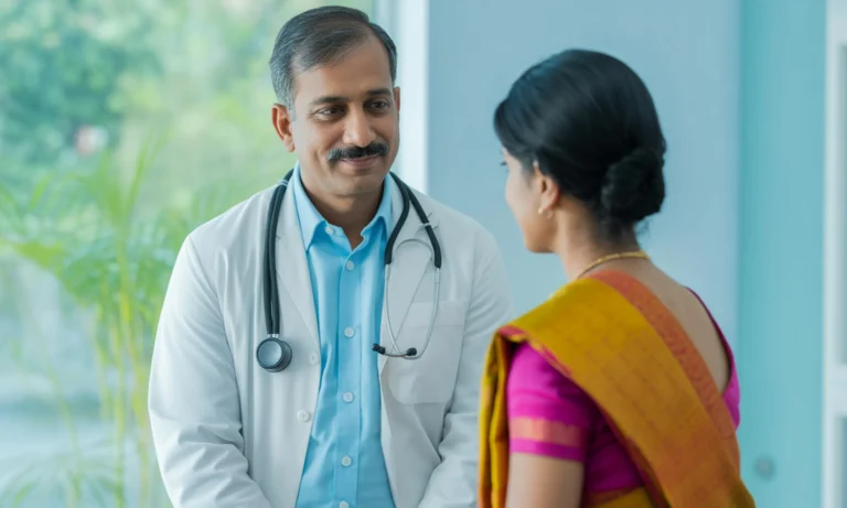 Male dermatologist in a white coat with a stethoscope talking to a female patient in traditional attire during a consultation.