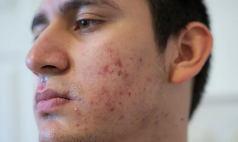 Side profile of a young man showing red acne spots and blemishes on the cheek and jawline.