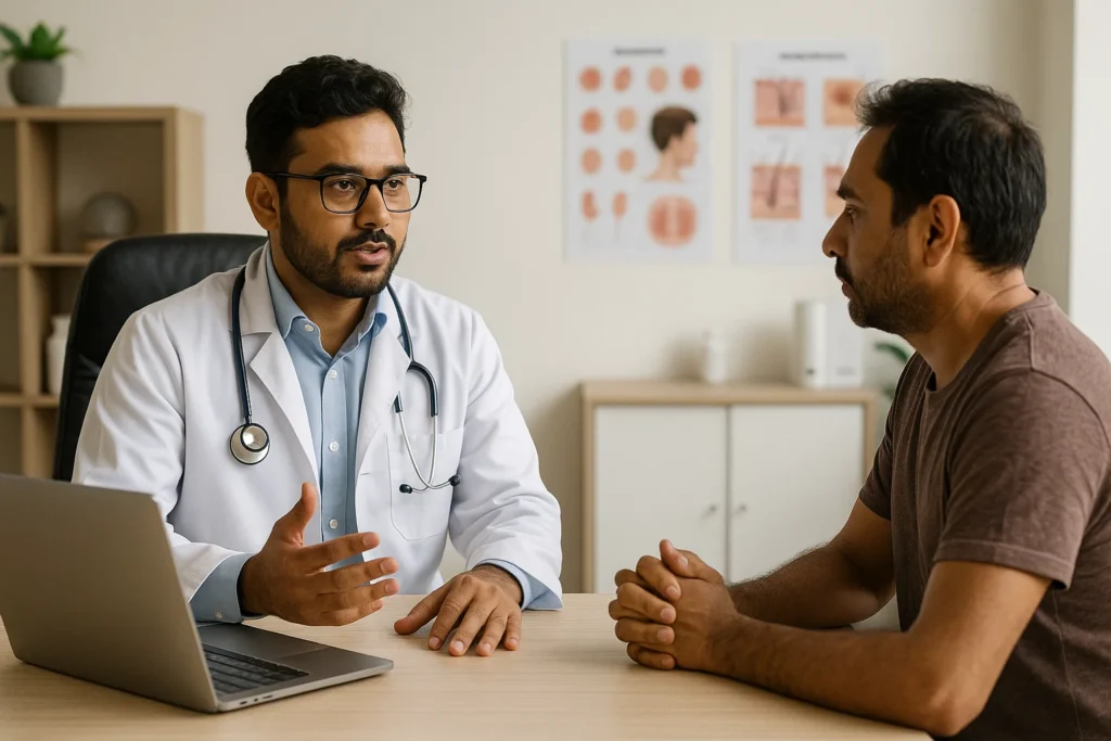Dermatologist diagnosing a fungal skin infection in a patient at a Jaipur clinic, highlighting the importance of professional evaluation.