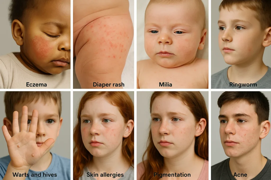 Common pediatric skin problems including eczema, diaper rash, milia, ringworm, warts, skin allergies, pigmentation, and acne.