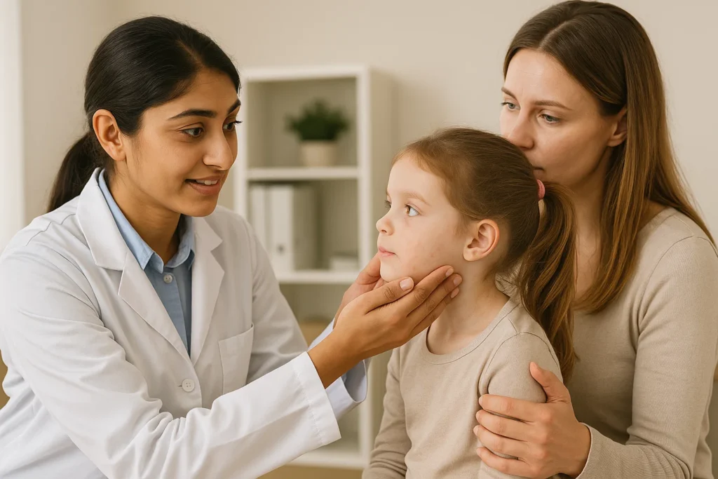 Child receiving skin treatment from a pediatric dermatologist in Jaipur for acne and eczema.