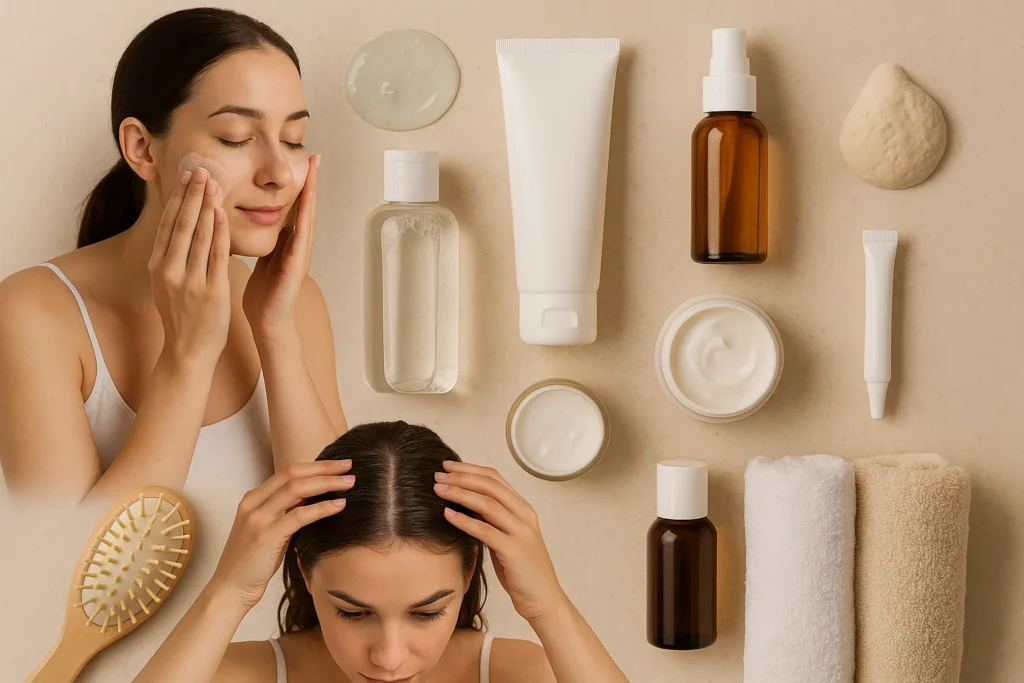 Woman applying skincare cream and checking hair with monsoon skin and hair care products.