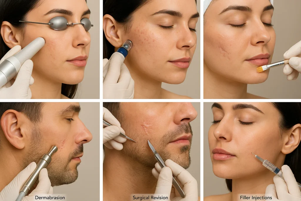 Multiple scar treatment methods including dermabrasion, surgical revision, chemical peel, filler injections, and advanced dermatology techniques.