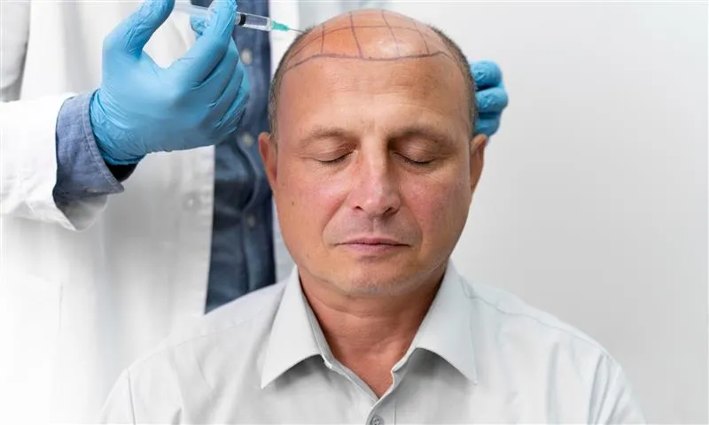 Doctor performing a hair transplant procedure on a male patient with scalp markings during pre-surgery preparation at Dermacian Clinic in Jaipur.