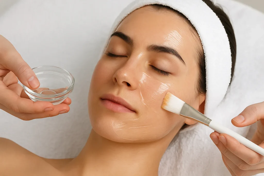 Woman receiving chemical peel facial treatment at Dermacian skincare clinic with brush application.