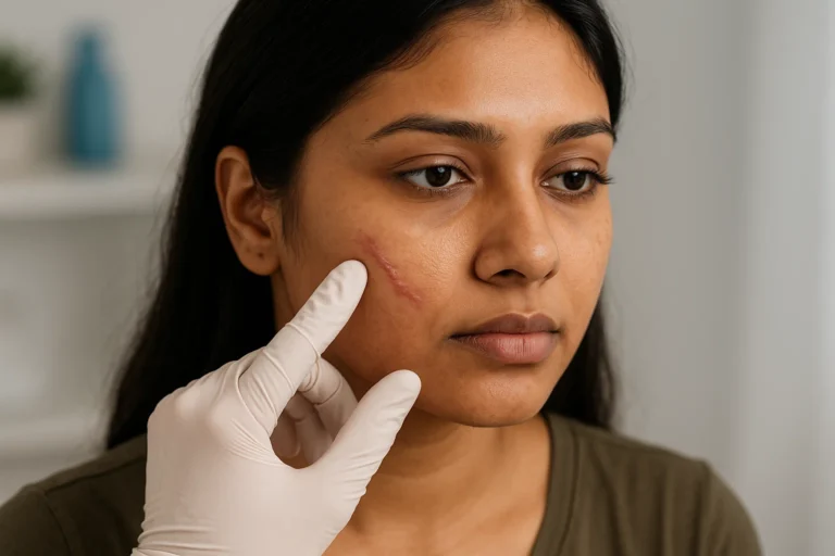 Facial Scar Examination for Treatment Options – Dermatology Care Dermatologist examining a young woman with a facial scar to recommend treatment options.