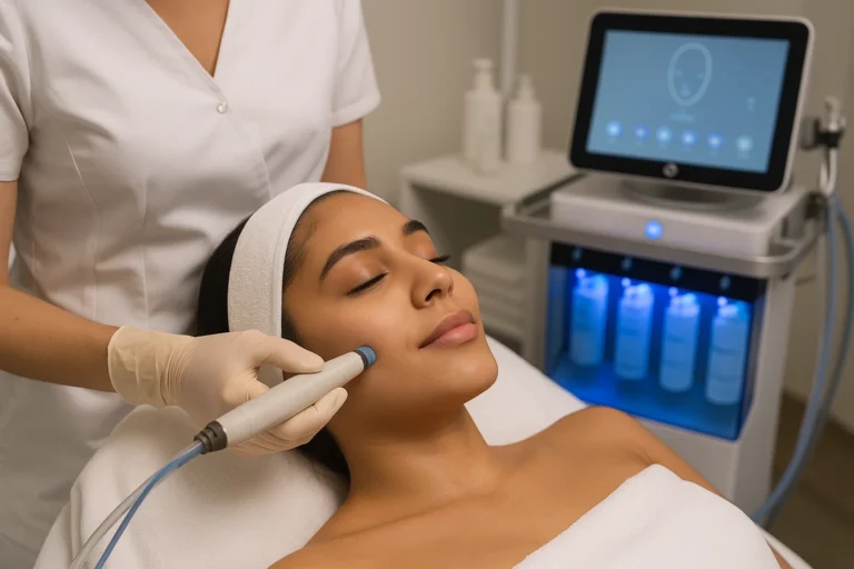 Woman receiving HydraFacial skin rejuvenation treatment at a dermatology clinic in India.