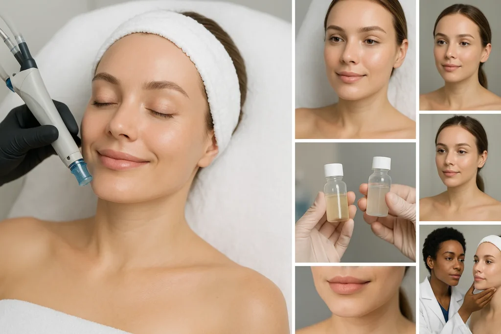 Woman receiving Hydrafacial treatment with advanced skin care machine for deep cleansing, hydration, and glowing skin.