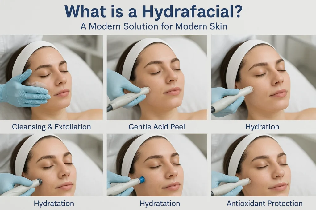 Step-by-step Hydrafacial treatment showing cleansing, exfoliation, gentle acid peel, hydration, and antioxidant protection for glowing skin.