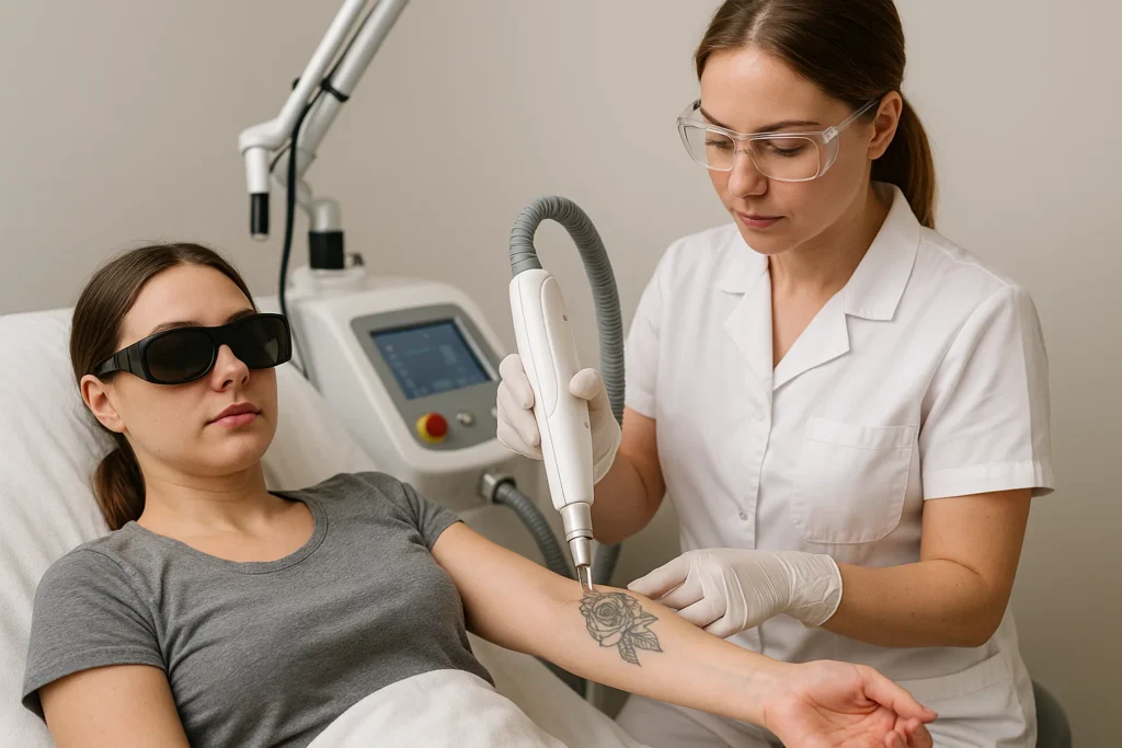 Dermatologist performing laser tattoo removal on a woman’s arm with protective eyewear in a modern clinic.