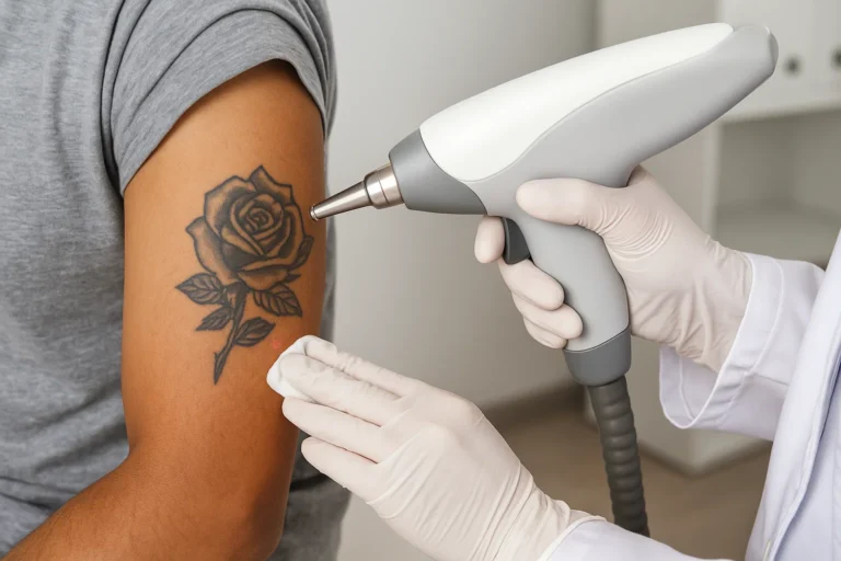 Dermatologist performing laser tattoo removal on a patient’s arm with black rose tattoo.