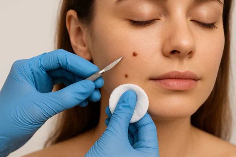 Dermatologist performing mole removal surgery on a woman’s face with a scalpel