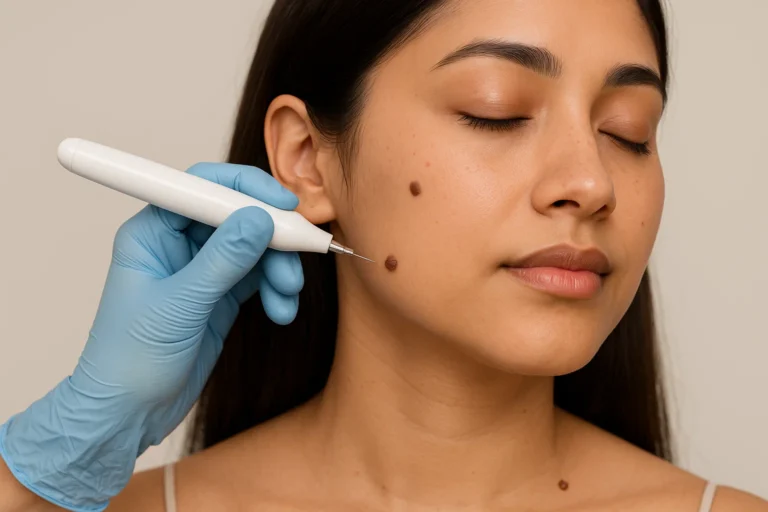 Dermatologist performing mole removal treatment on a woman’s face with a medical device