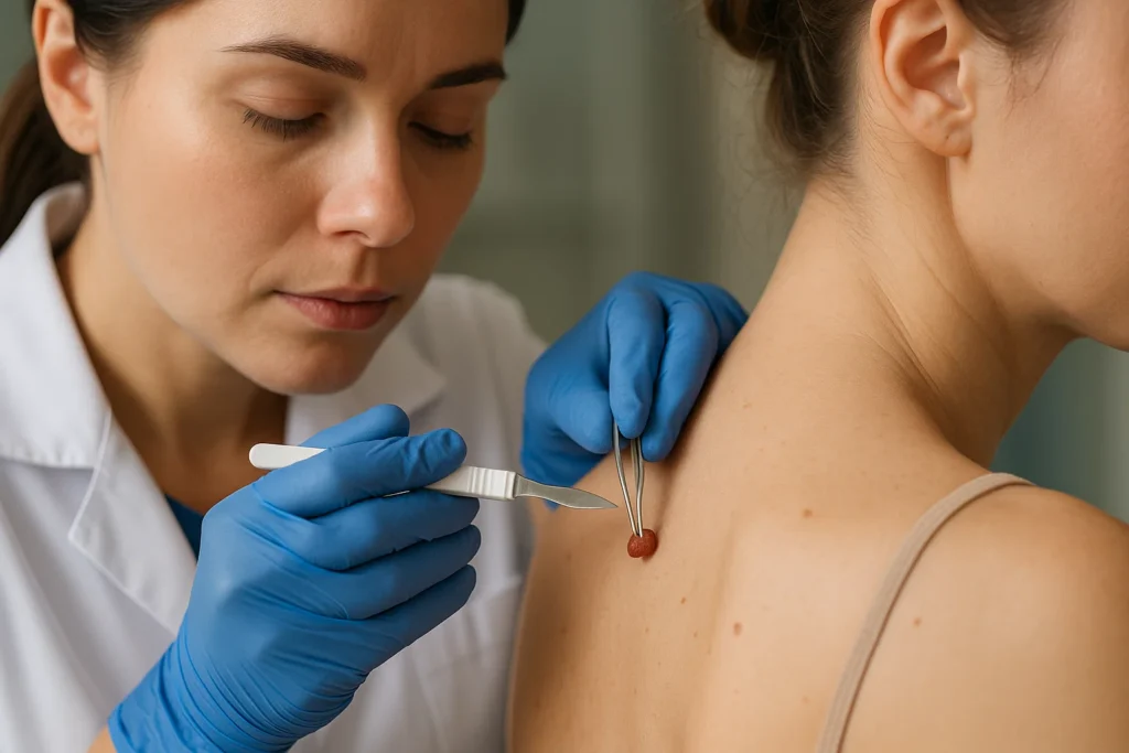 Doctor performing mole removal procedure on a patient’s back with surgical tools, showcasing professional care in mole removal treatment.