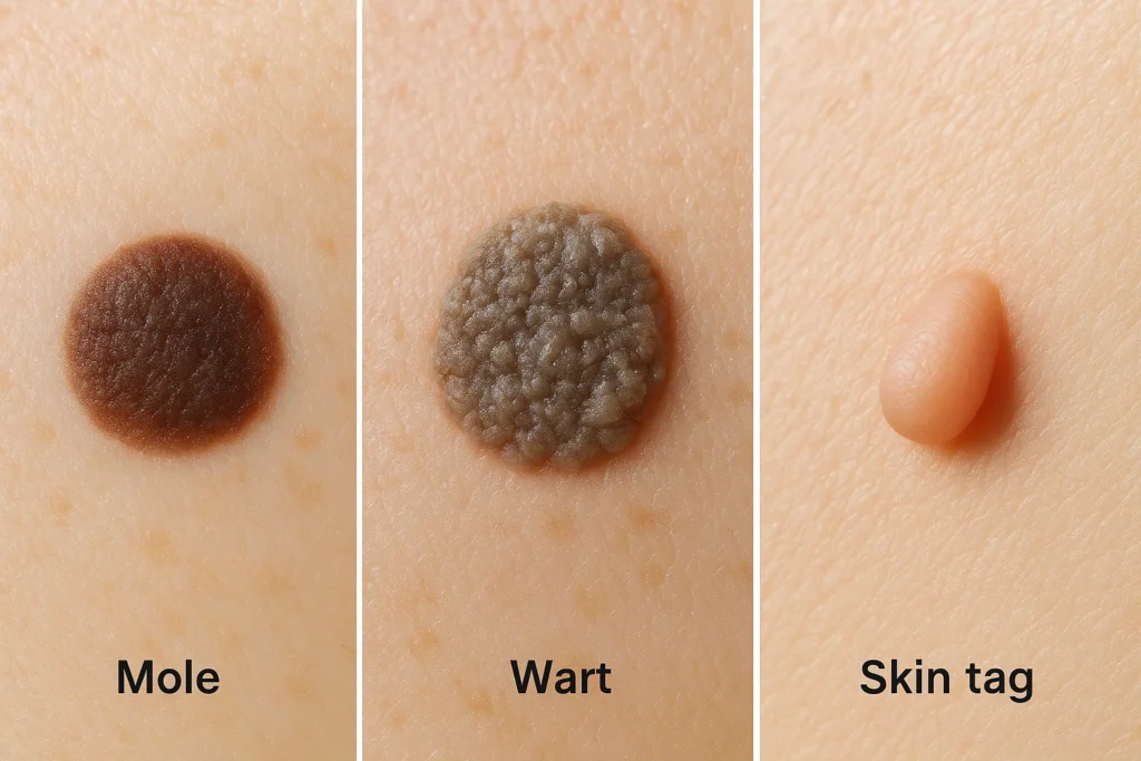 Close-up comparison of skin growths: mole, wart, and skin tag on human skin, showing differences in texture and appearance.