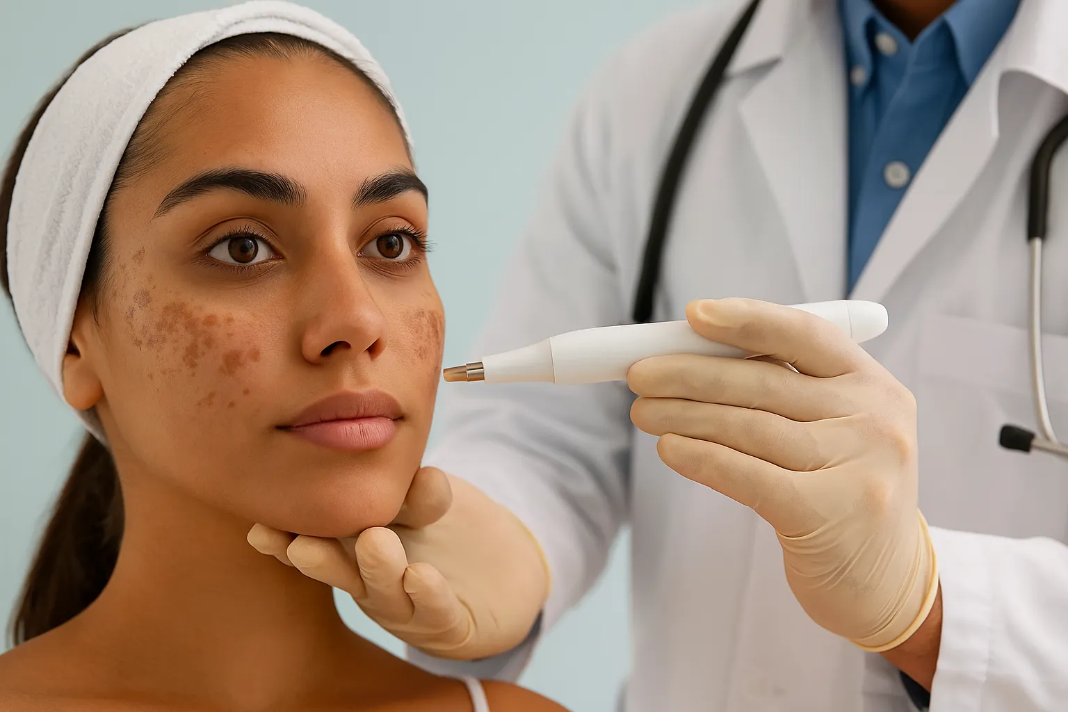 A dermatologist examining and treating pigmentation spots on a woman’s face using advanced laser technology in a modern clinic.
