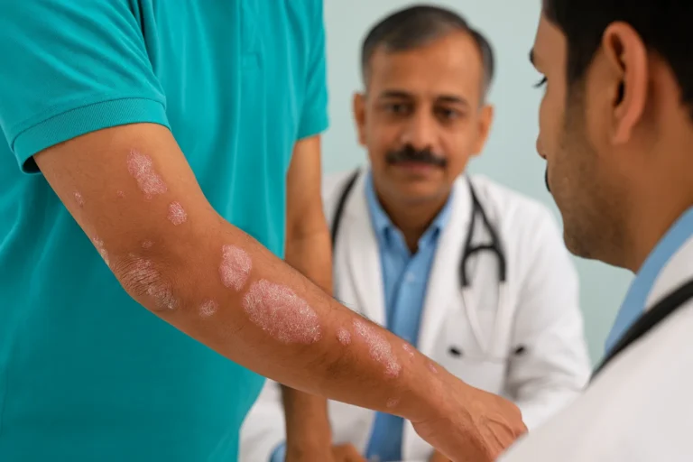 Close-up of a patient’s arm with visible psoriasis patches being examined by dermatologists in a clinic.