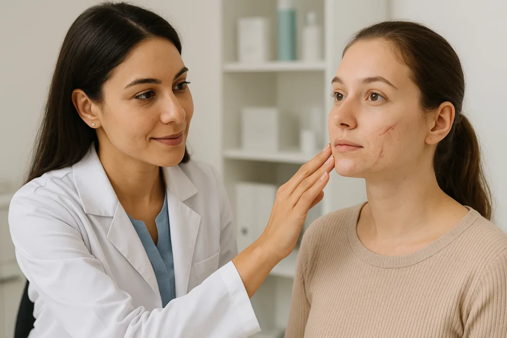 Dermatologist examining a young woman with facial scars during a consultation for scar treatment in India.