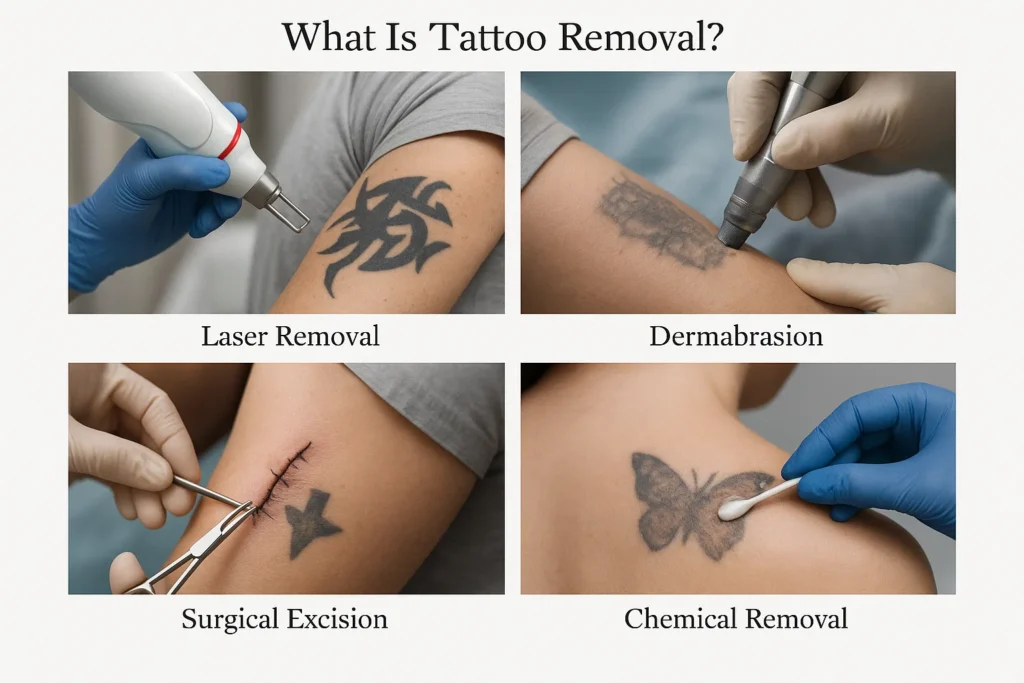 Comparison of tattoo removal methods including laser removal, dermabrasion, surgical excision, and chemical removal on different body parts.