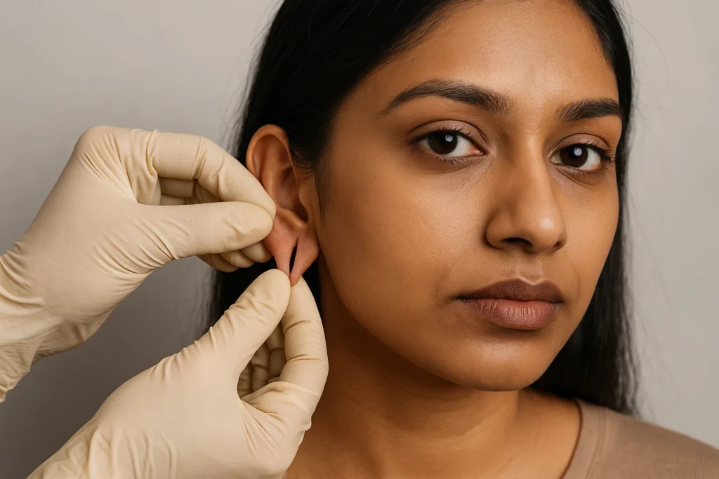 Dermatologist examining a torn earlobe before repair treatment.