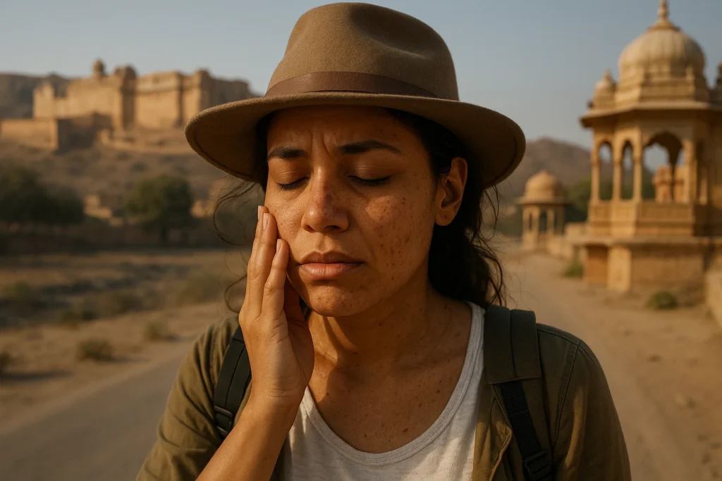 Woman touching her irritated face while traveling in Jaipur, showing skin damage due to sun and dust exposure
