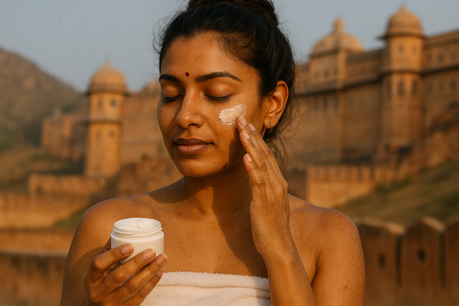 Woman applying moisturizer to her face after travel, with Jaipur fort background, representing post-travel skincare for sun and dust exposure