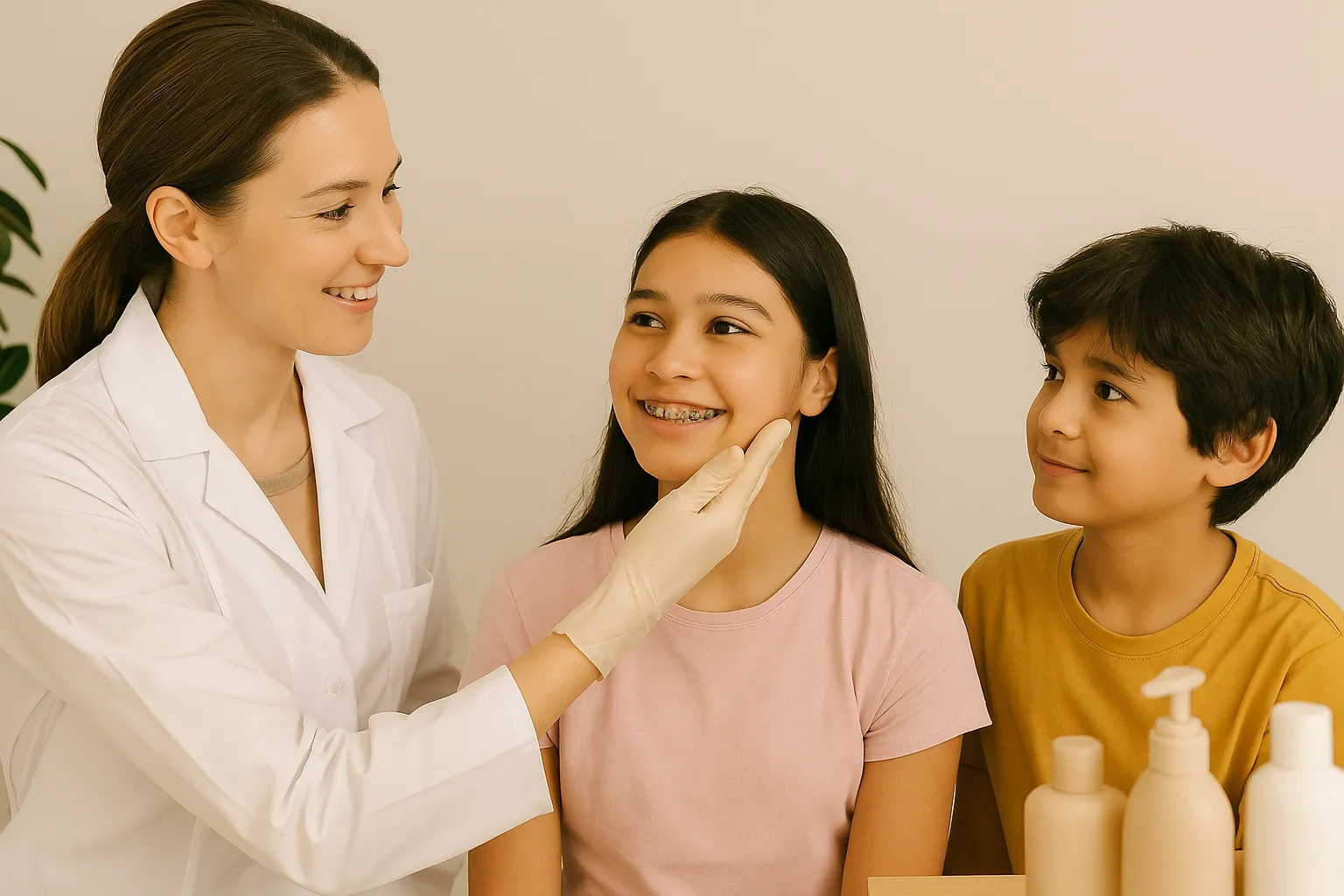 Dermatologist examining a teenage girl’s skin with her younger brother watching during a skincare consultation in Jaipur